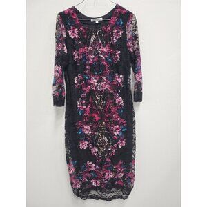 Stillettos Womens Bodycon Dress Large Black Pink Floral Lace 3/4 Sleeve Midi NEW